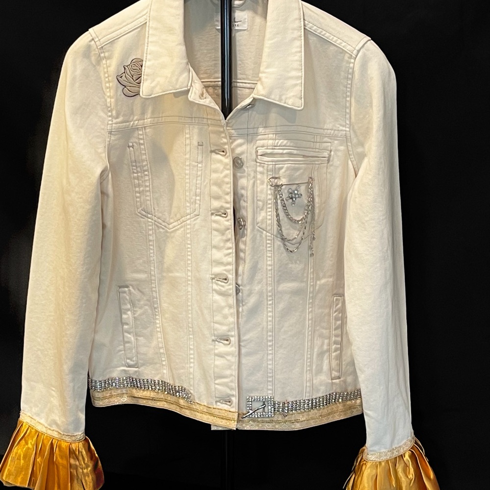 Nicole Miller Beige Denim Jacket Upcycled Custom Designed NEW Sz M